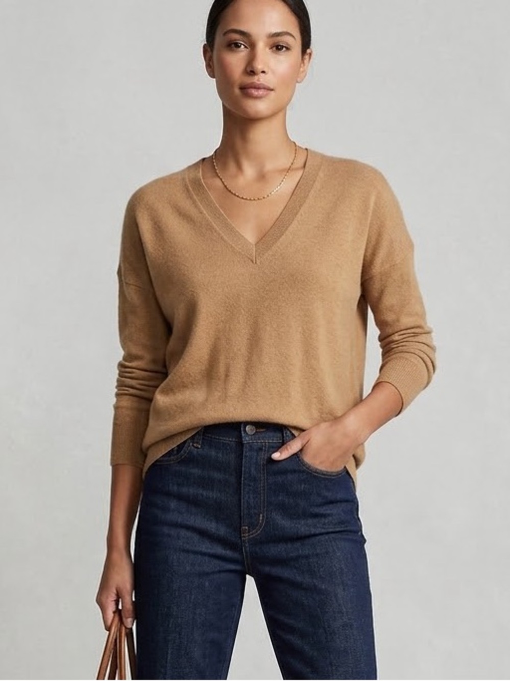 J.CREW 100% Cashmere V-Neck Sweater Tan Camel Brown Oversized Fits Medium